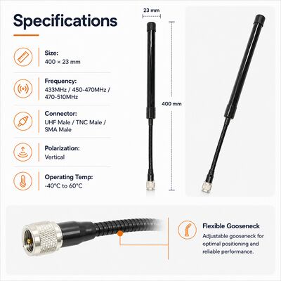 Antena Tática CS 433-510MHz Antena de Rádio Bidirecional de Alto Ganho para UV-K5 UV-K58 UV-K6 e Outros Rádios Bidirecionais Portáteis